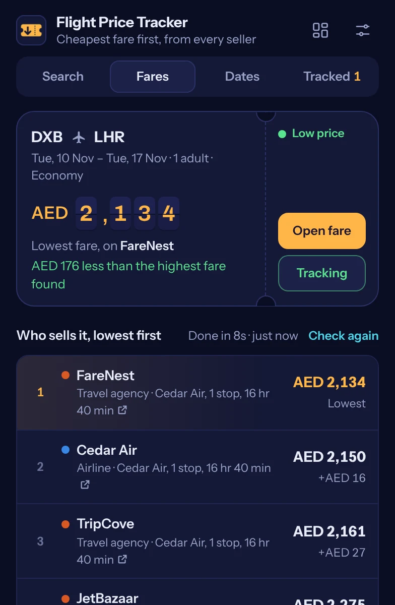 Popup listing a travel agency at AED 2,134, the airline at AED 2,150 and other sellers, cheapest first