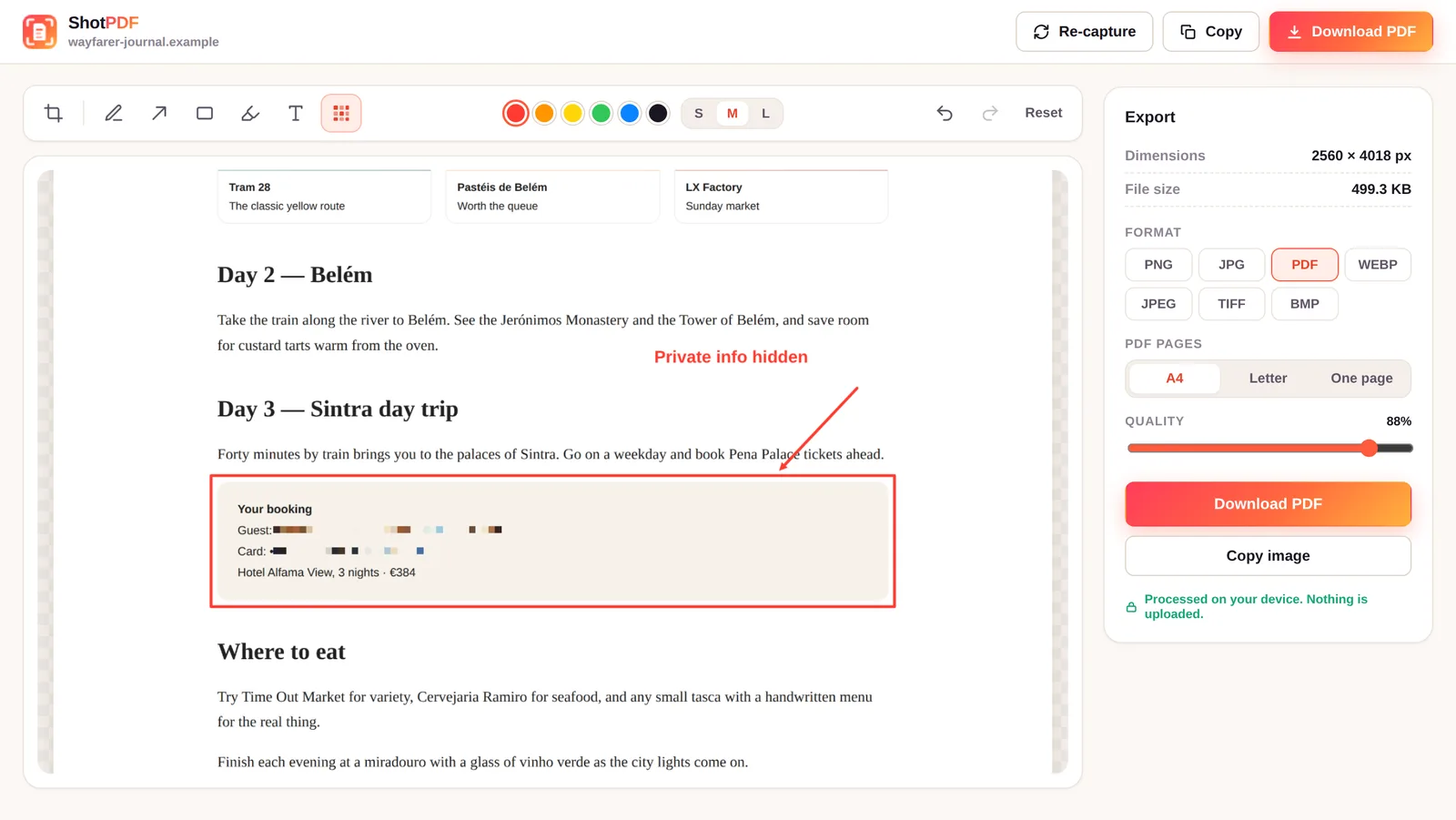 ShotPDF editor with a booking box outlined, the guest email and card number blurred, and an arrow labelled Private info hidden