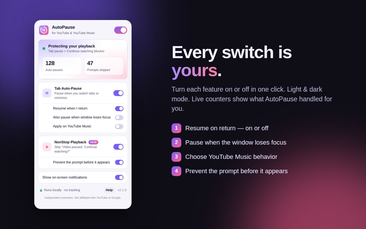 AutoPause settings popup in light mode with a switch for every feature