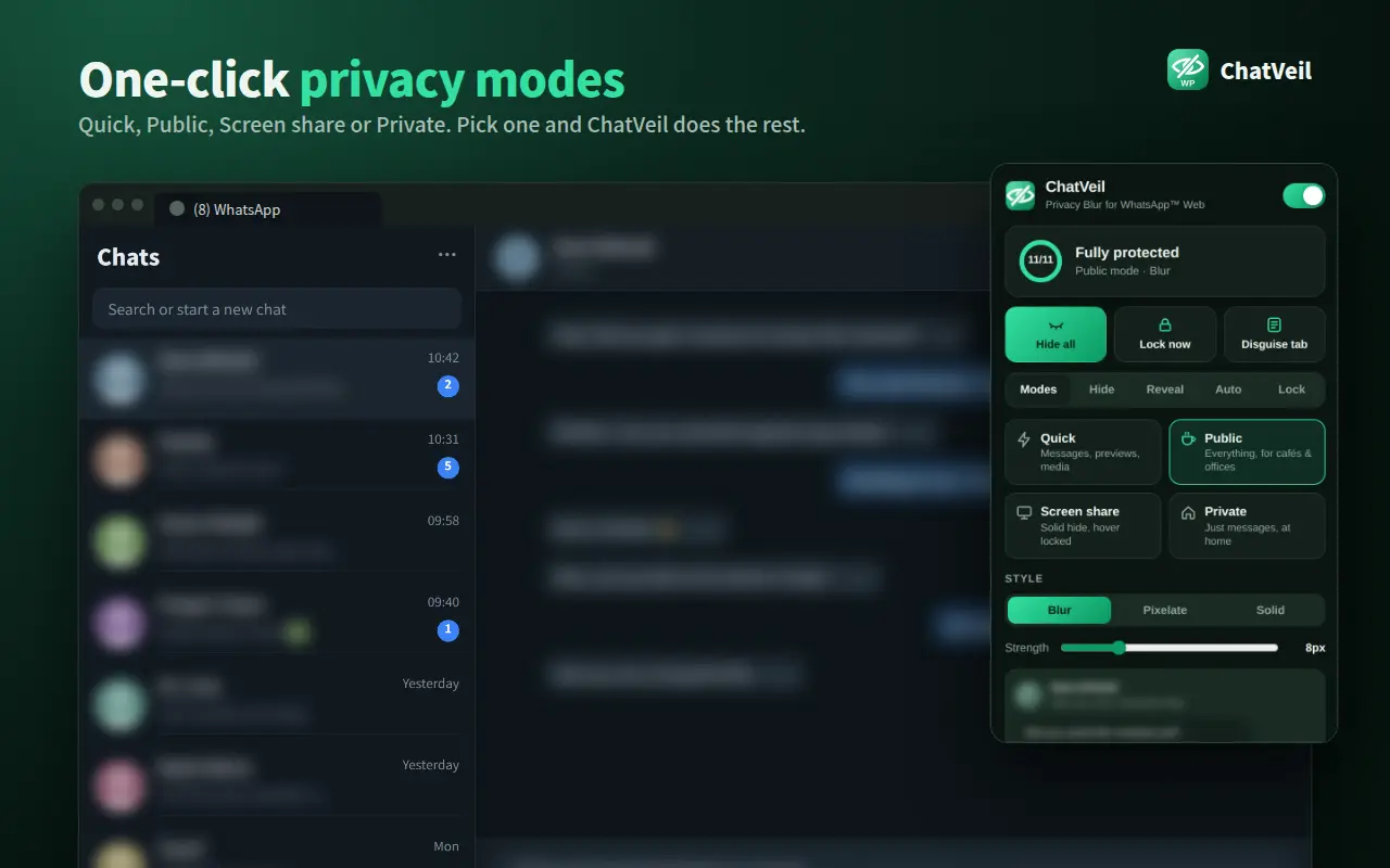 ChatVeil popup showing Quick, Public, Screen share and Private modes