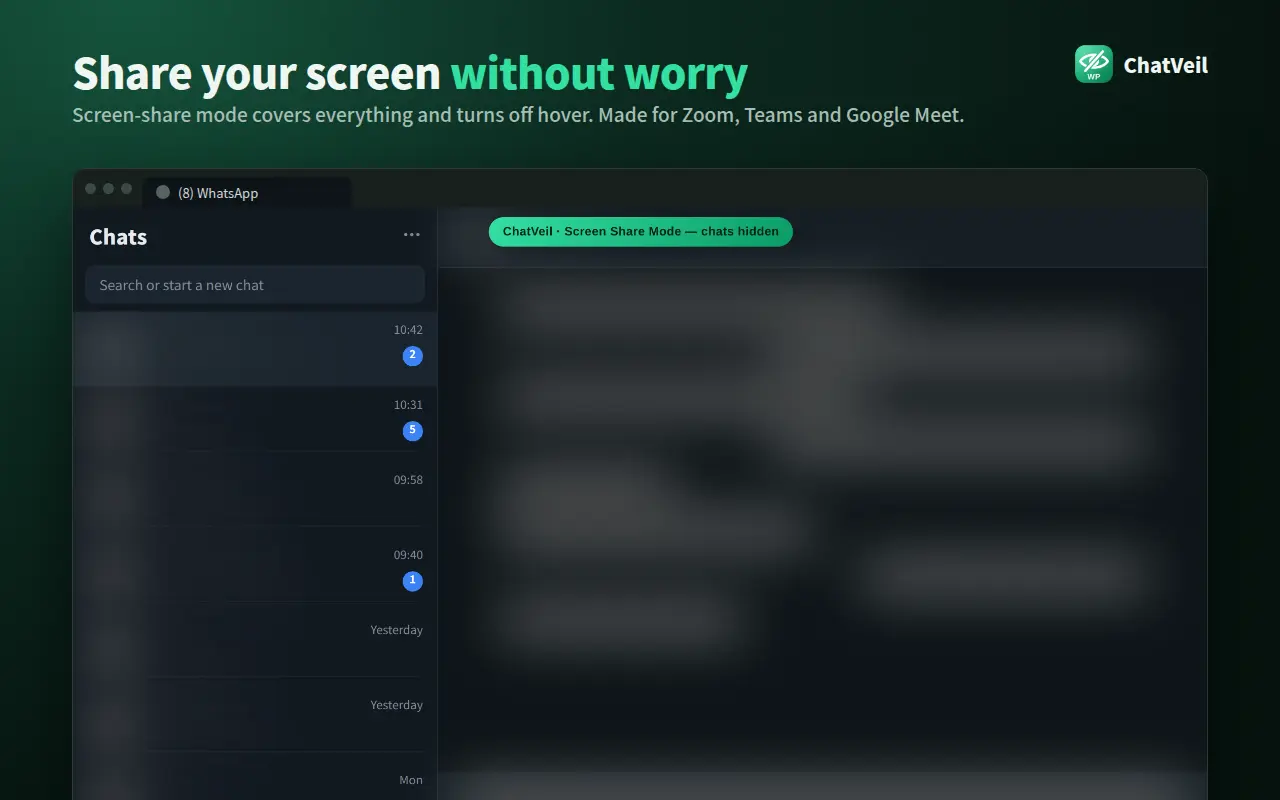 ChatVeil Screen Share Mode hiding all WhatsApp Web content with a solid cover