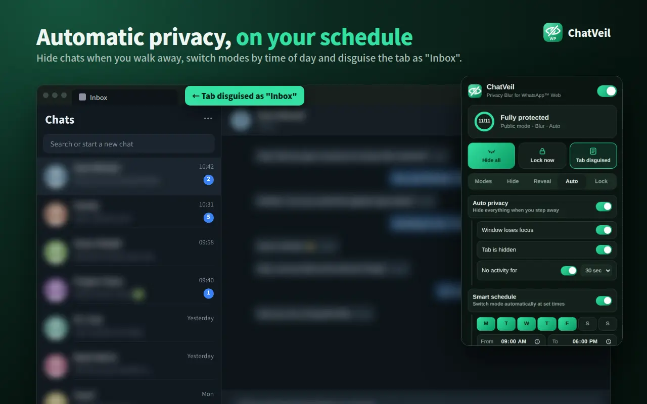 ChatVeil auto privacy and smart schedule settings with the browser tab disguised as Inbox