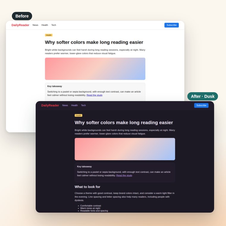 The same news article before and after Lullpage: original white design, then the Dusk night theme with the red logo and blue Subscribe button unchanged