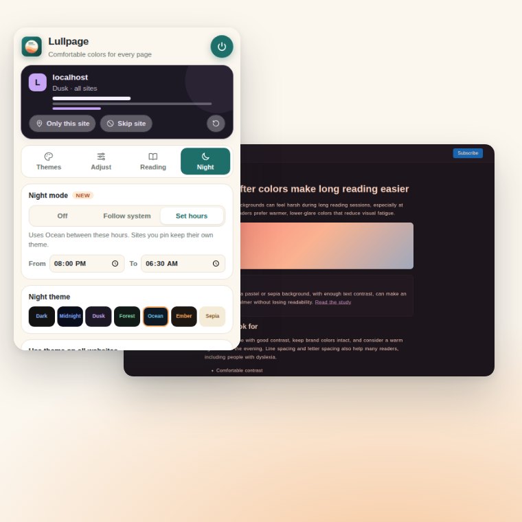 Lullpage Night tab with custom hours set and a web page shown with the warm light filter