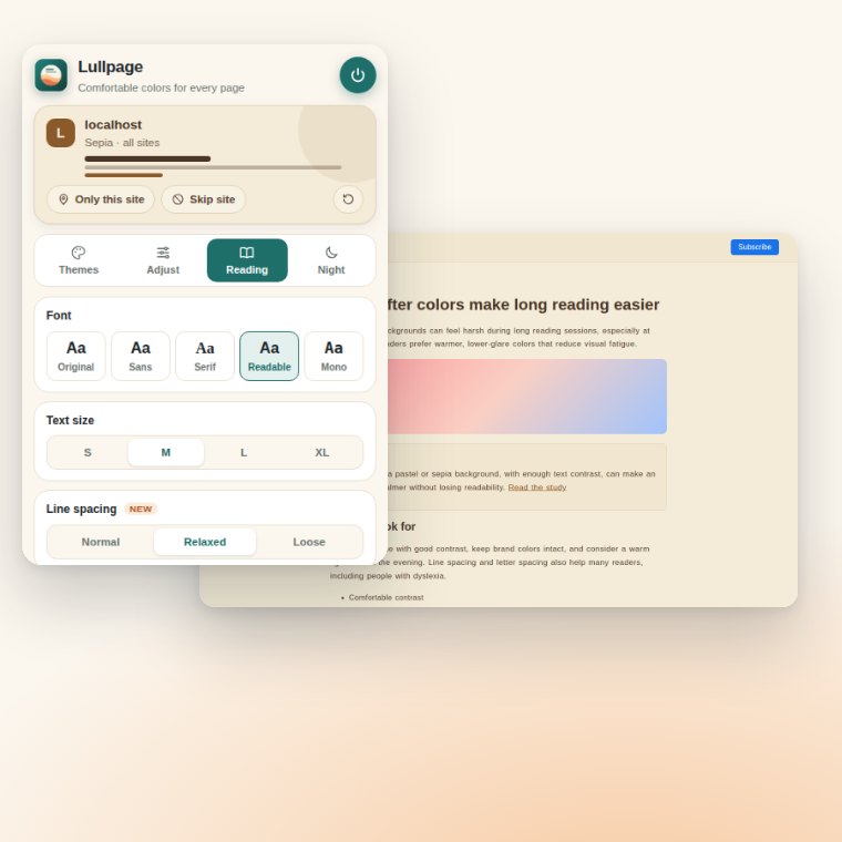 Lullpage Reading tab with font, text size, line spacing and letter spacing options next to a sepia article