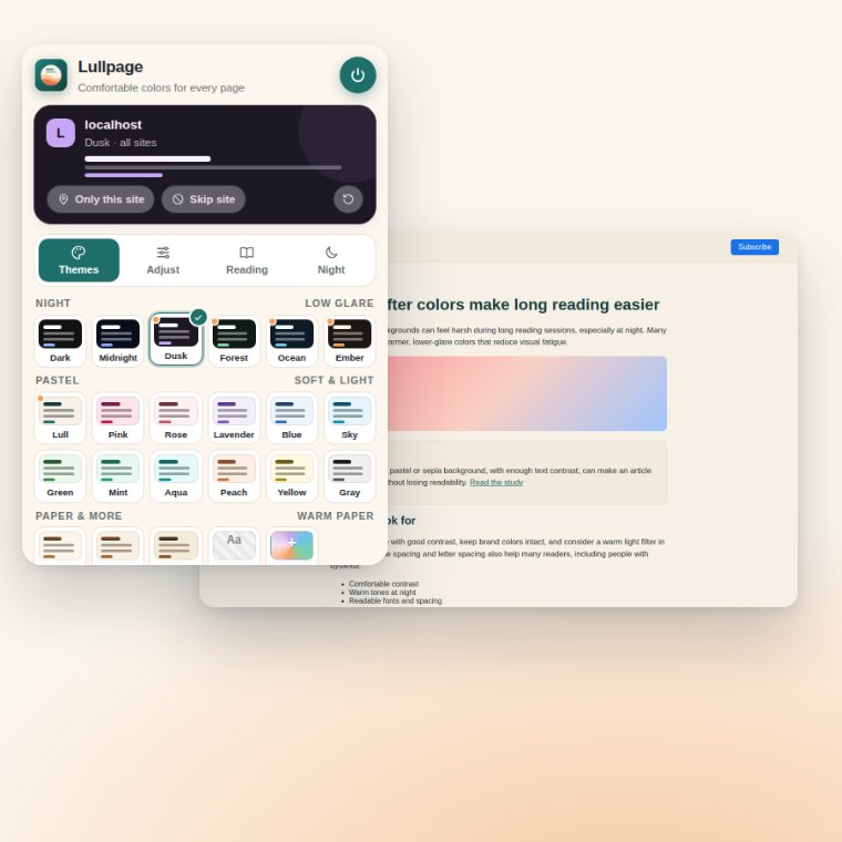Lullpage theme picker with night, pastel and paper themes