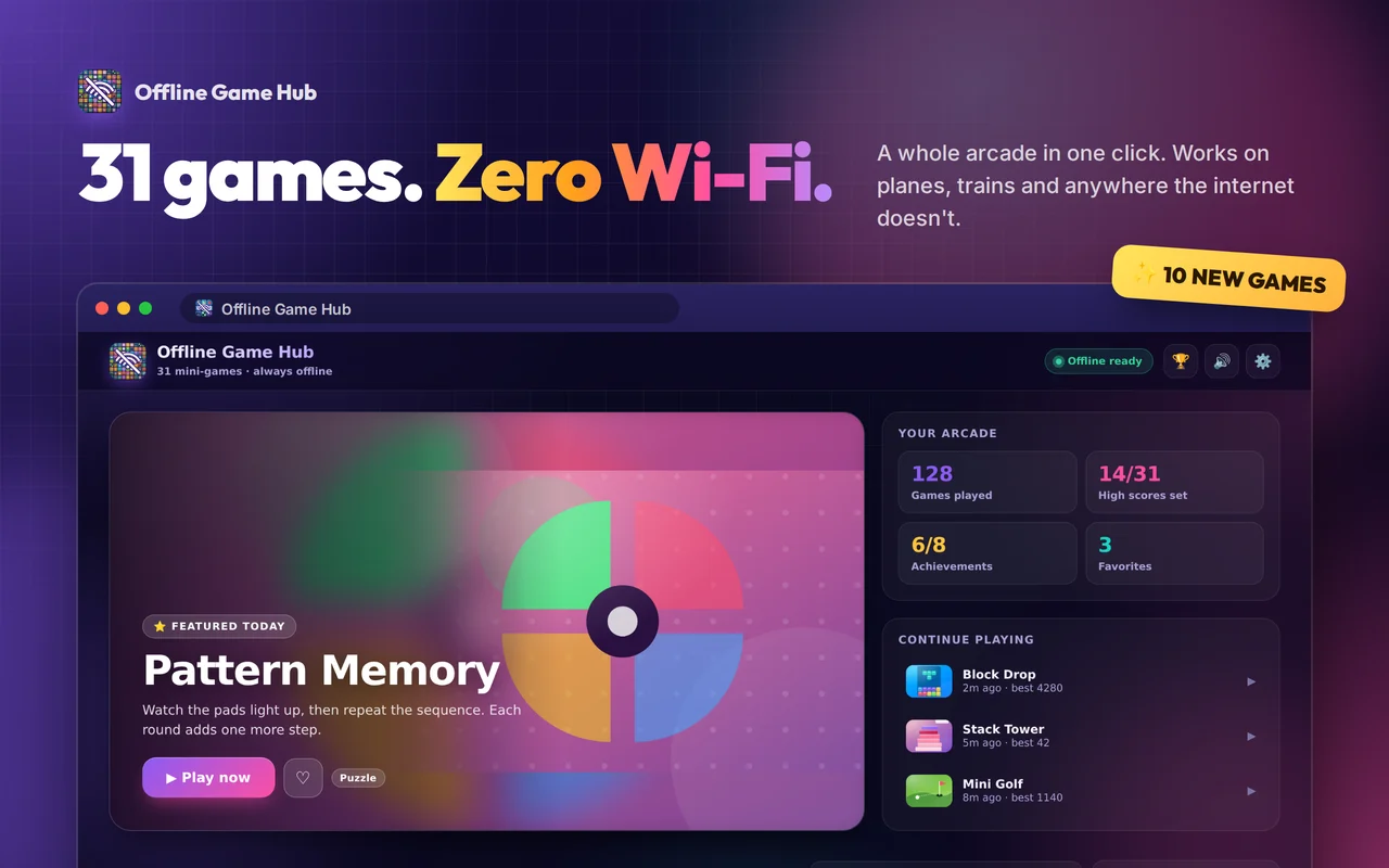 The Offline Game Hub launcher with the featured game, stats and continue-playing list