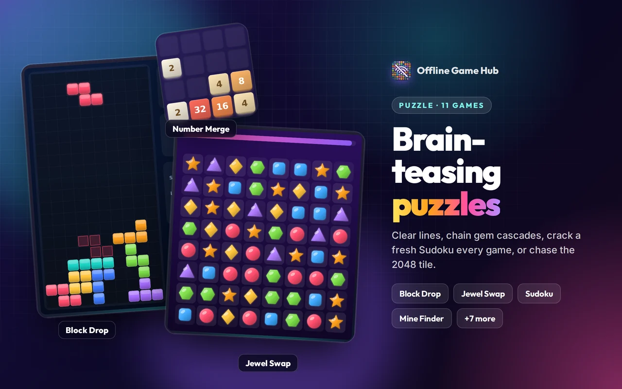 Puzzle games: Block Drop, Jewel Swap and Number Merge