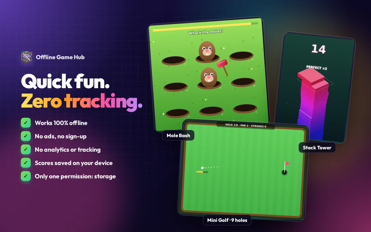 Casual games: Mole Bash, Mini Golf and Stack Tower, with privacy highlights