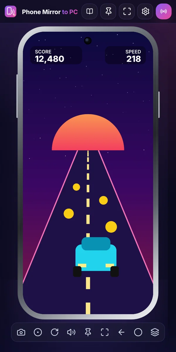 A racing game running on the mirrored phone, controlled from the PC