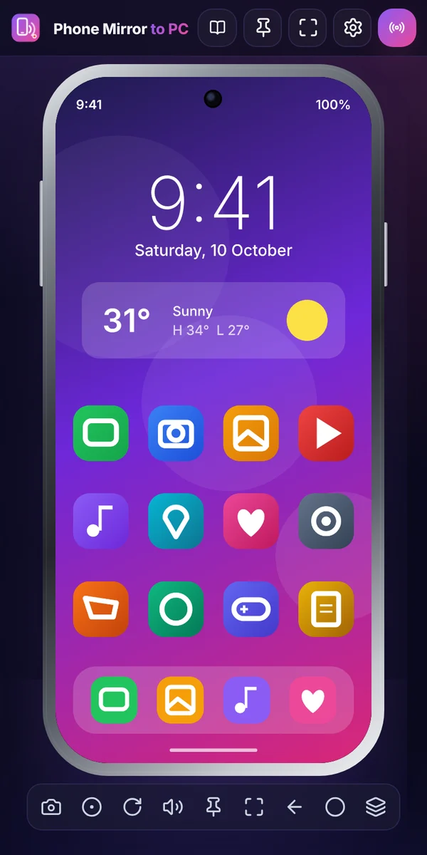 The floating phone window showing an Android home screen with tool buttons below