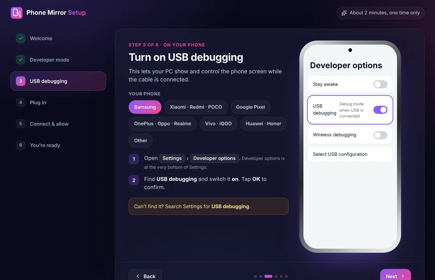 The built-in setup guide showing how to turn on USB debugging, with a phone brand picker