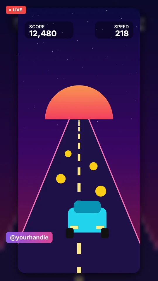 Stream Mode output in 9:16 with a LIVE badge and an @yourhandle overlay