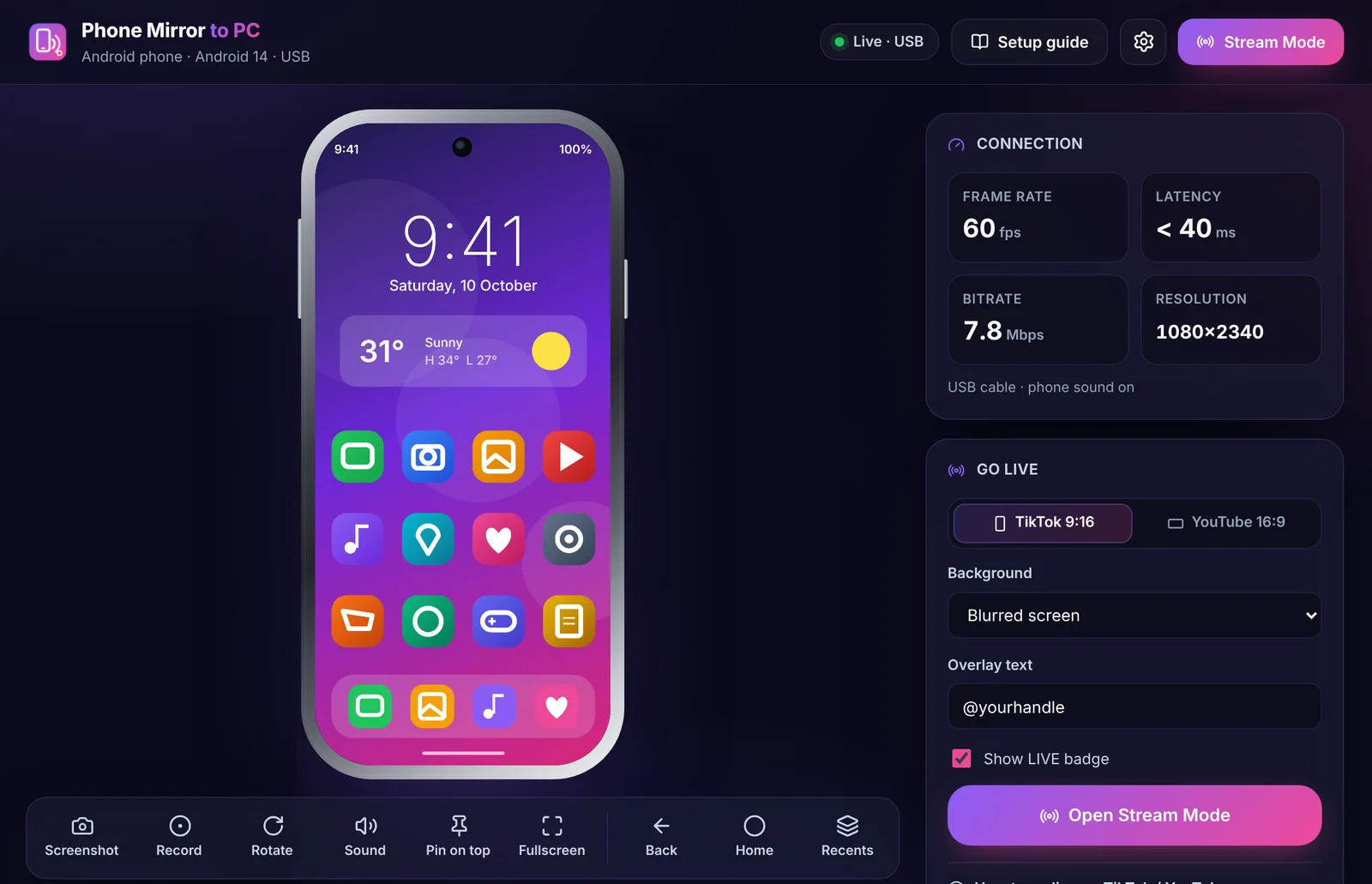 Phone Screen Mirror to PC showing a live Android home screen in a phone frame, with connection stats and Go Live settings beside it