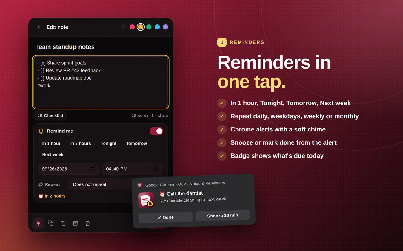 Setting a reminder in Quick Notes with presets for 1 hour, tonight and tomorrow, and a Chrome notification with Done and Snooze buttons