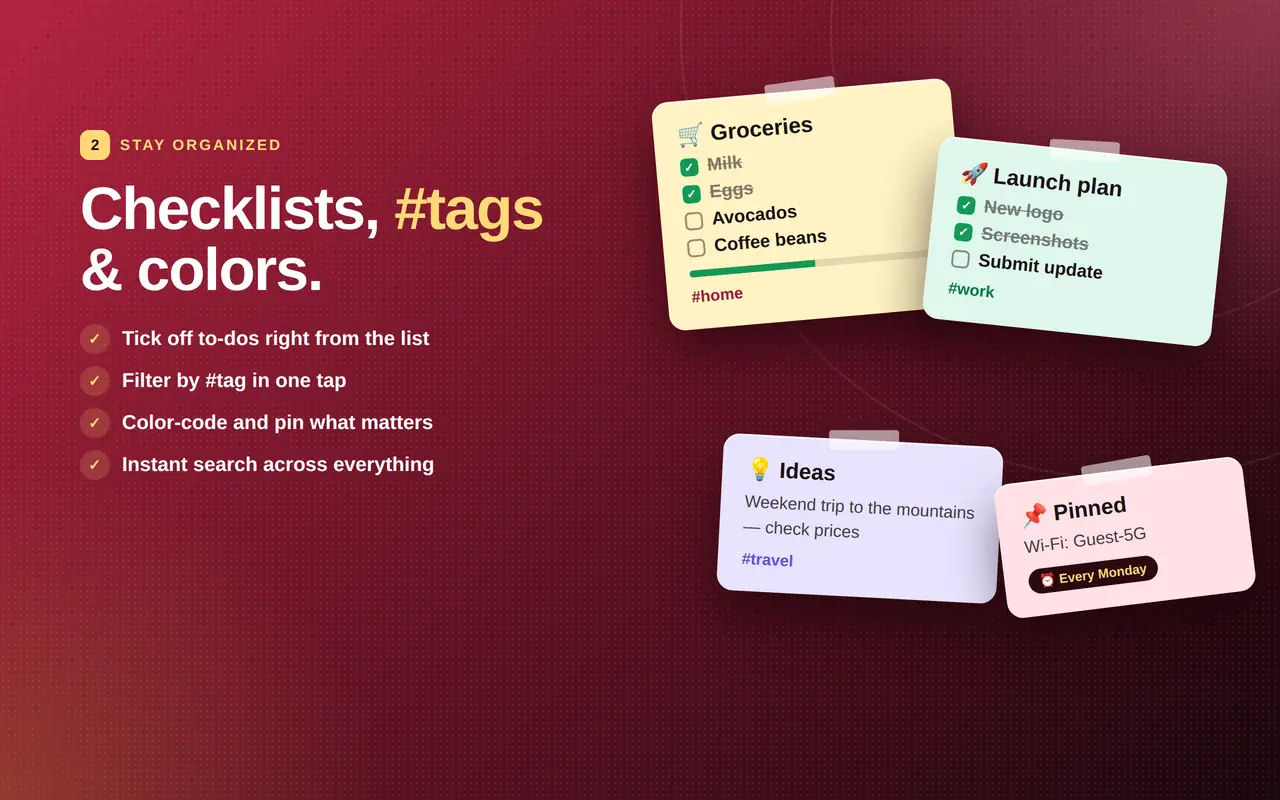 Colorful sticky notes with checklists and hashtags in Quick Notes for Chrome