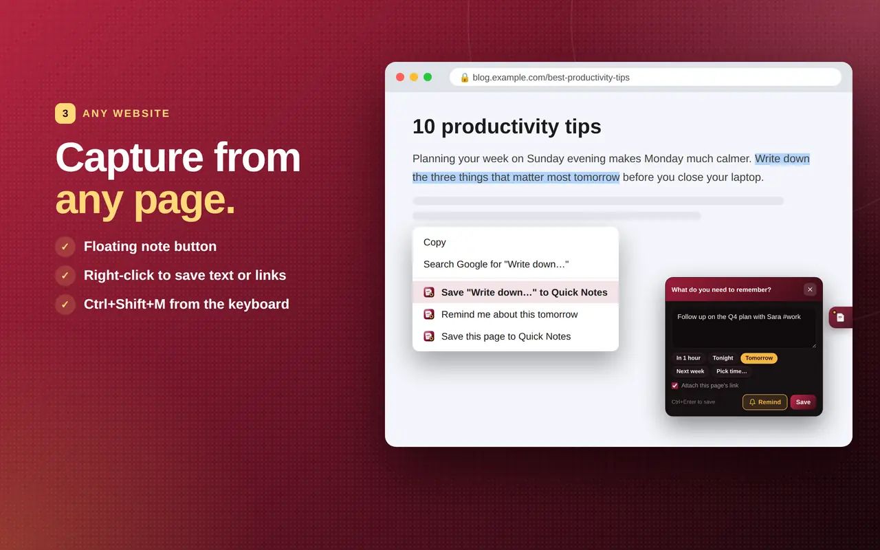 Floating quick-note panel and right-click menu to save selected text on a web page