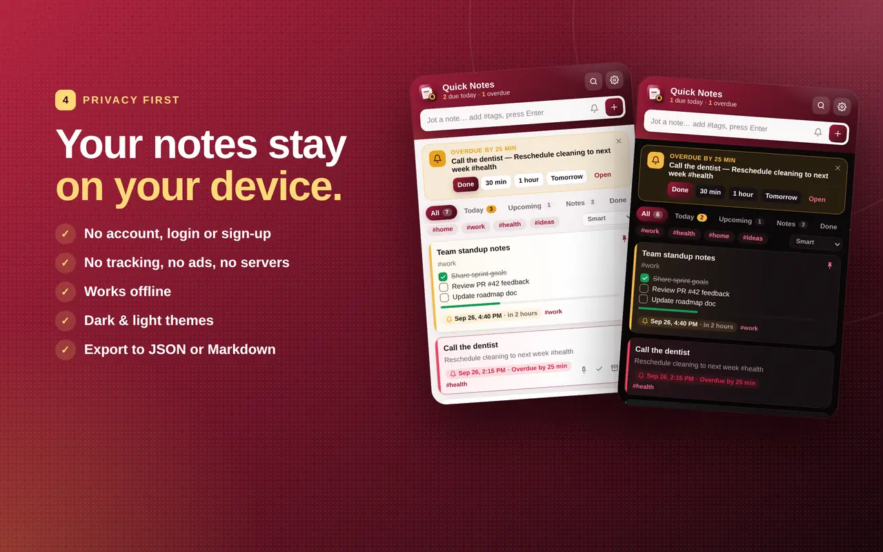 Quick Notes popup in light and dark themes with privacy features listed